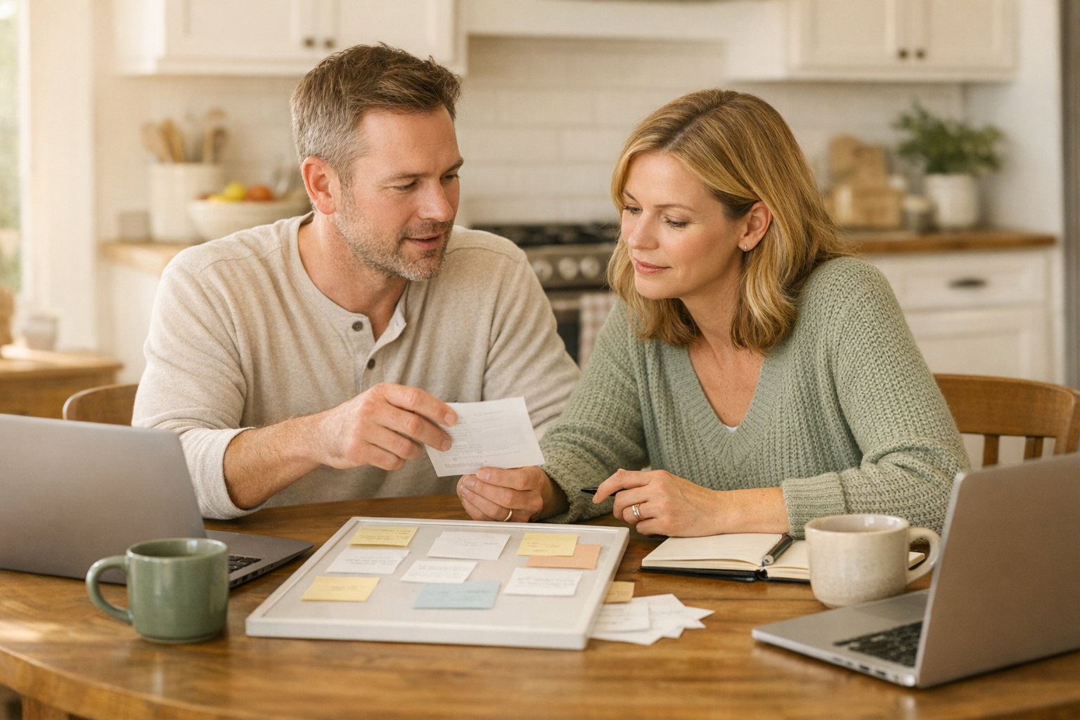 Parents reviewing plans and household decisions together at a kitchen table