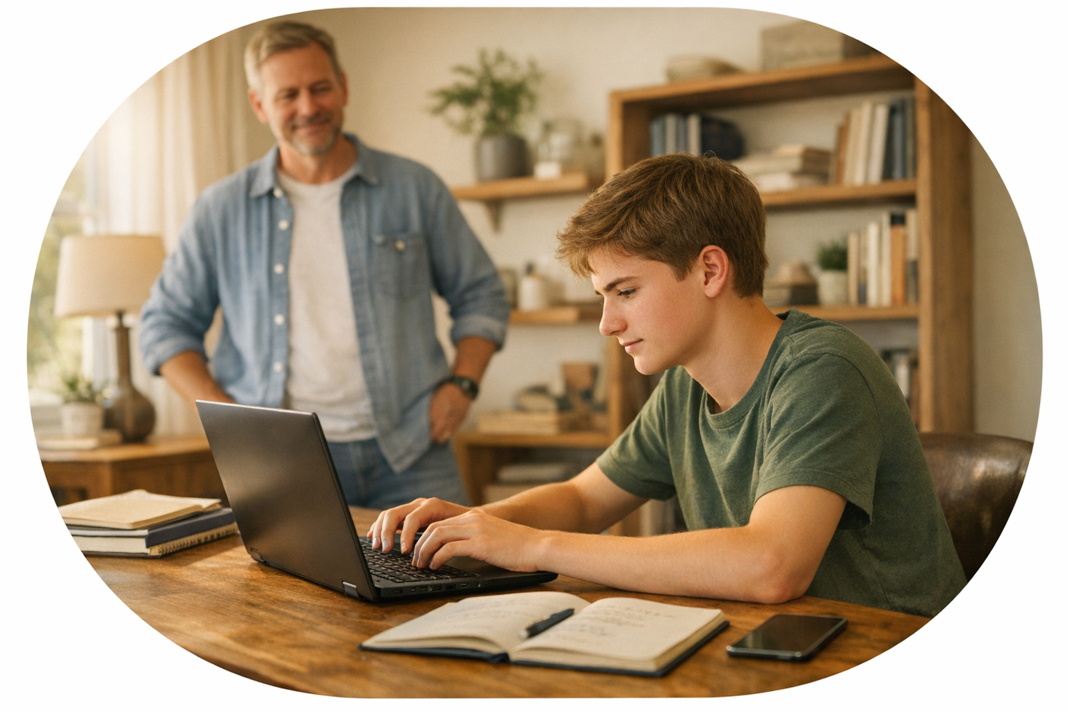 A teen working on a laptop with a parent nearby for support